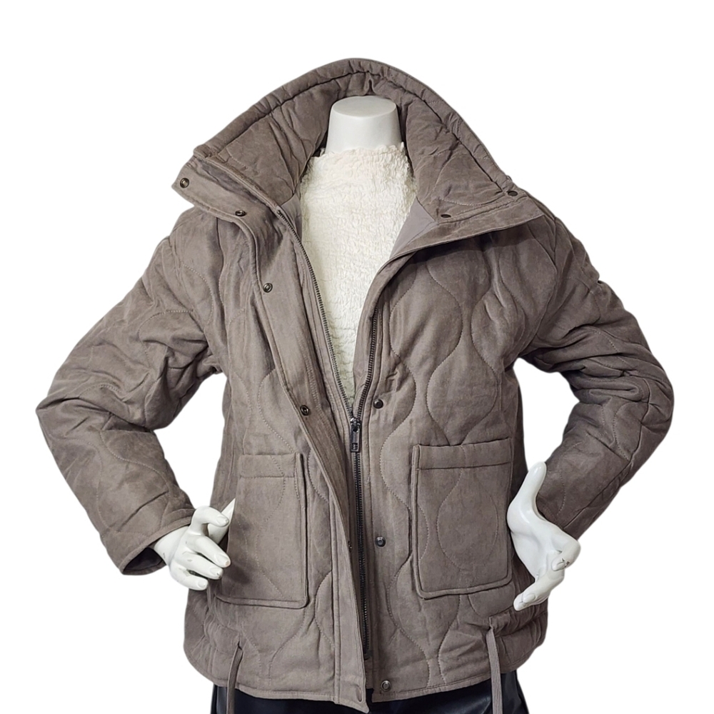 Be Cool Taupe Quilted Puffer Jacket S/M NWOT Utility Luxe Cozy Neutral Winter